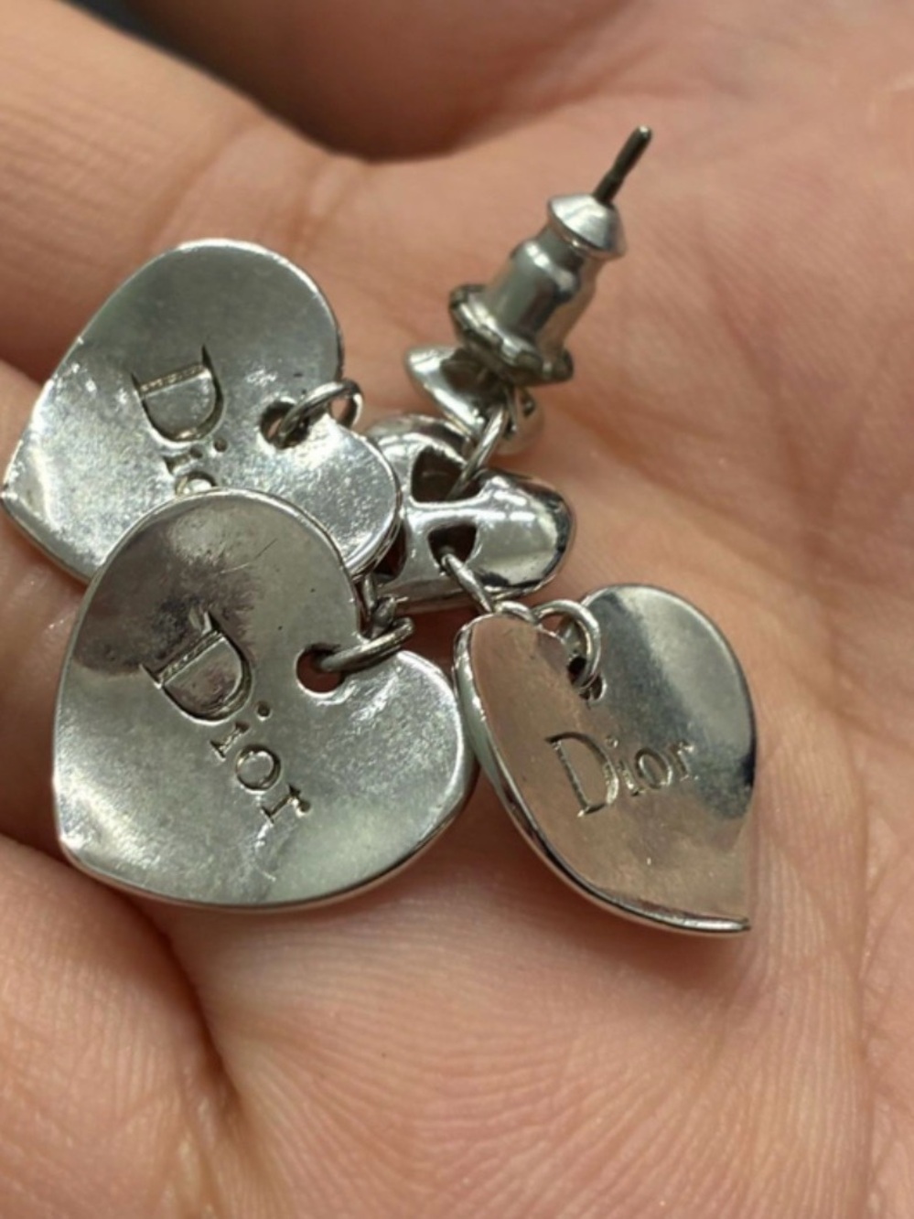 Dior Silver Heart Charm Cluster Drop Earrings - Picture 4 of 8